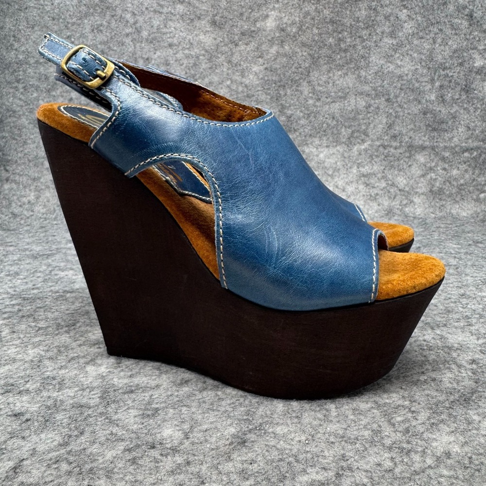 Sbicca Redmond Platform Wedge Sandals Blue Leather Slingback Wood Sz 38 Vtg US 7